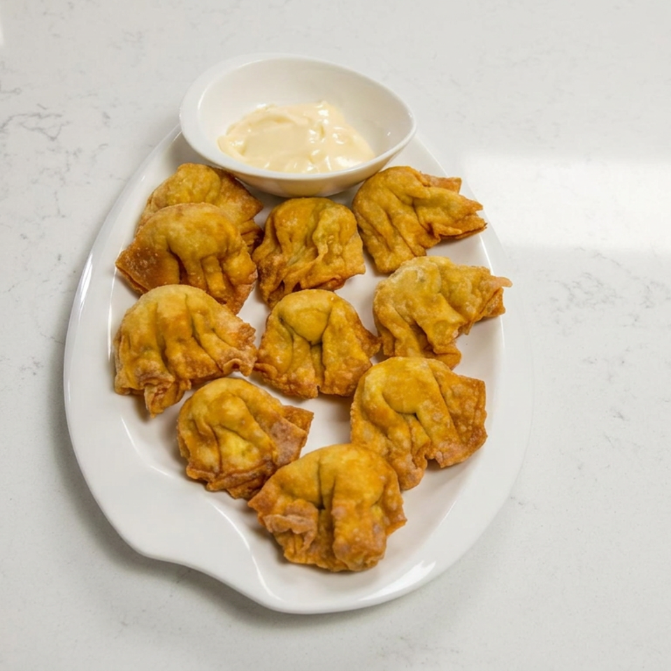 Plate of golden fried dumplings served with a bowl of creamy dipping sauce on a white marble countertop.