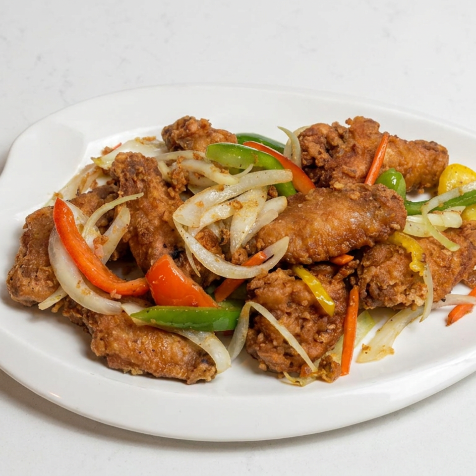 Crispy fried chicken pieces topped with sautéed onions and colorful bell peppers on a white platter.