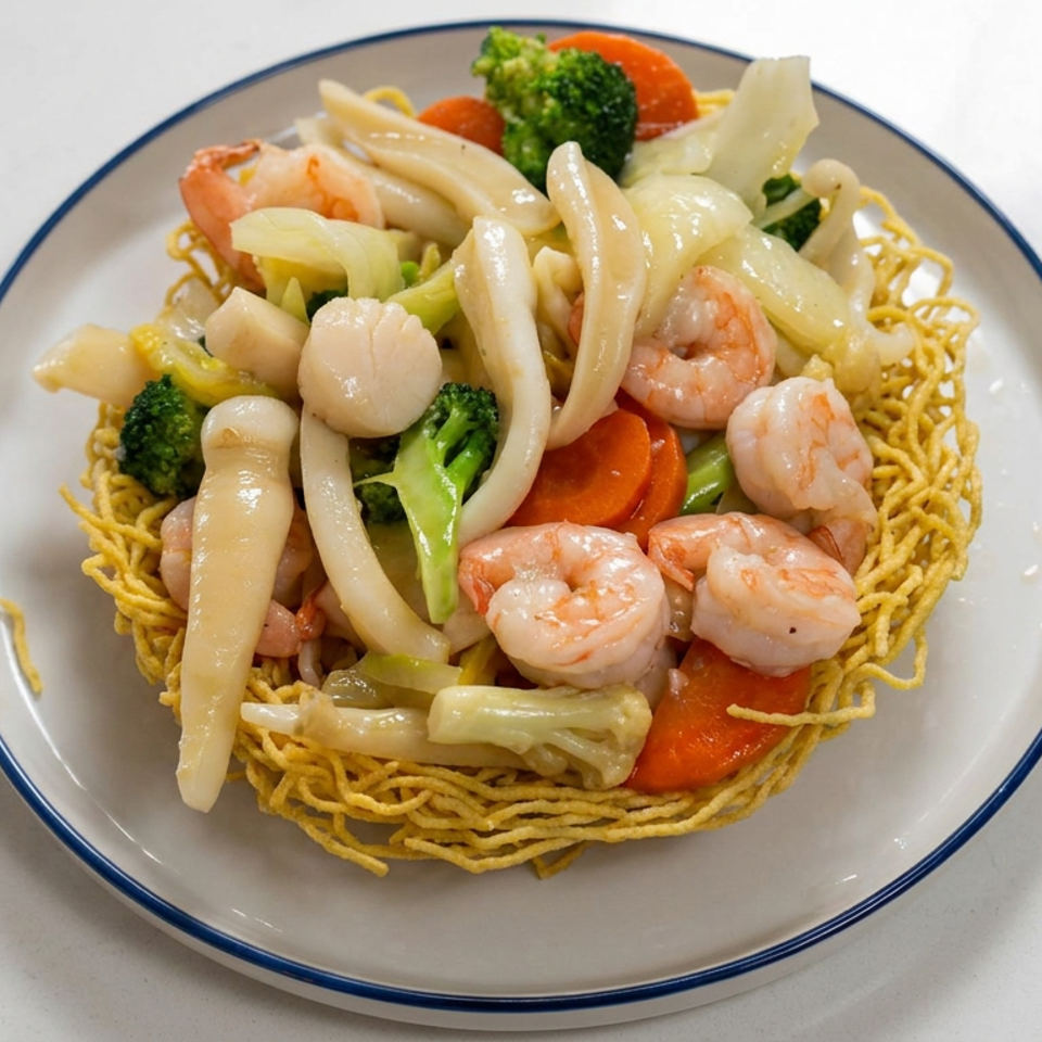 Crispy noodles topped with shrimp, scallops, squid, broccoli, carrots, and onions on a blue-rimmed plate.
