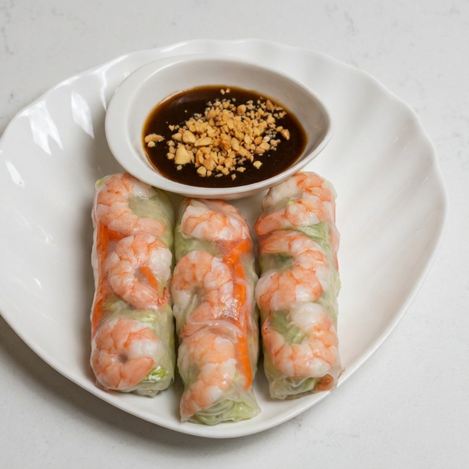 Three shrimp spring rolls arranged on a white plate with a bowl of dark dipping sauce topped with crushed peanuts.